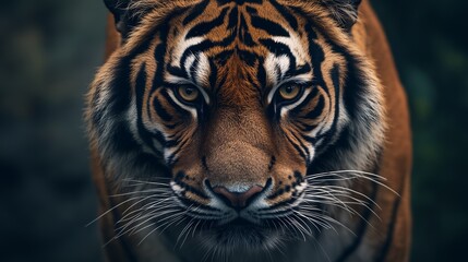 Fototapeta premium A close-up of a tiger's face, showcasing its striking features and intense gaze.