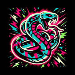Fototapeta premium Snake Silhouette in Neon Colors, Vector-style with Grungy Print. Rebellious Sticker Design Featuring Intense Colors, Abstract Grunge Background, and Raw, Gritty Punk Rock Aesthetics. Flat colors