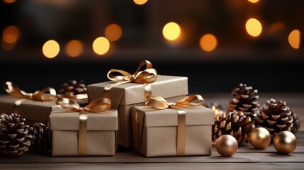 christmas and new year background - gift boxes and pine cones and branches on the background of bokeh garlands