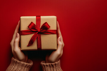 pair of hands gently holding a wrapped gift with a red ribbon against a red background symbolizing giving love and care