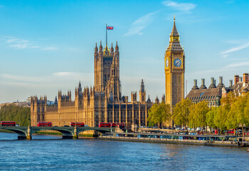 Big Ben with Houses of Parliament and Westminster bridge, London, UK
