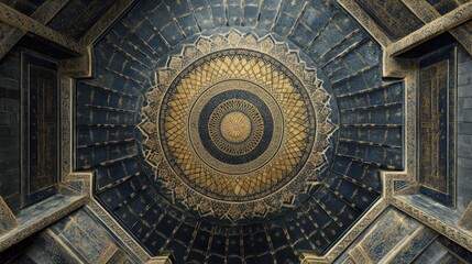 Intricate Moorish tile pattern in deep blue and gold tones showcasing traditional geometric design and craftsmanship