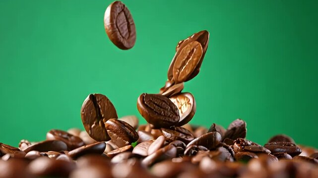 Falling Coffee Beans Against Green Background Captured in Stunning Detail