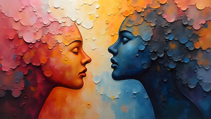 Abstract art depicting the profiles of two faces merging into colorful textures, representing love, connection, and unity with a blend of warm and cool tones.
