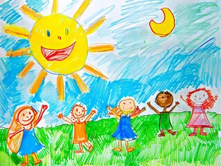 Fototapeta premium A child's drawing of a group of children playing in the grass