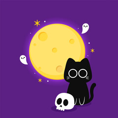 Naklejka premium Cute Black cat and moon. Halloween black cat on purple background.