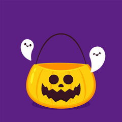 Pumpkin basket vector. Pumpkin basket empty for Halloween. Horrible vegetable basket of sweets.