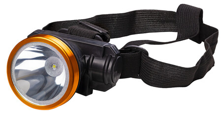 Headlamp designed for road lighting and various assembly work. Isolated background.