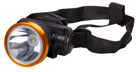 Headlamp designed for road lighting and various assembly work. Isolated background.