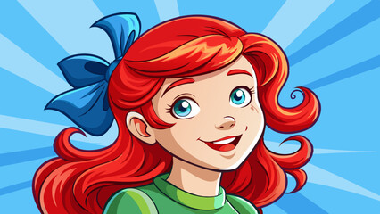 Happy young girl with red hair bow looking to the side with copy space