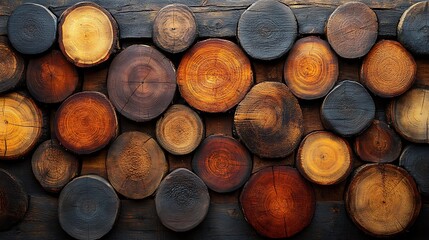 Fototapeta premium Rustic wooden wall decor with circular slices of wood, showcasing natural grain and textures.