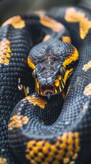 Obraz premium The captivating patterns of a snake exhibit a seamless blend of striking black and orange hues, highlighting the intricacies of its scales in a natural environment.