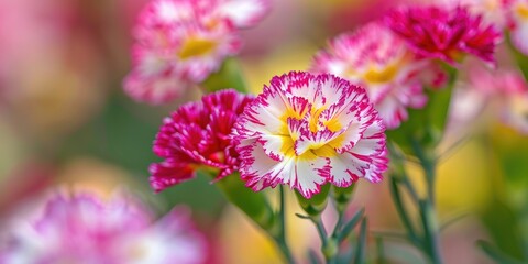 Obraz premium Dianthus Carnation Flowers in Bloom with Yellow Pink and White Petals Macro Perspective with Shallow Depth of Field and Selective Focus
