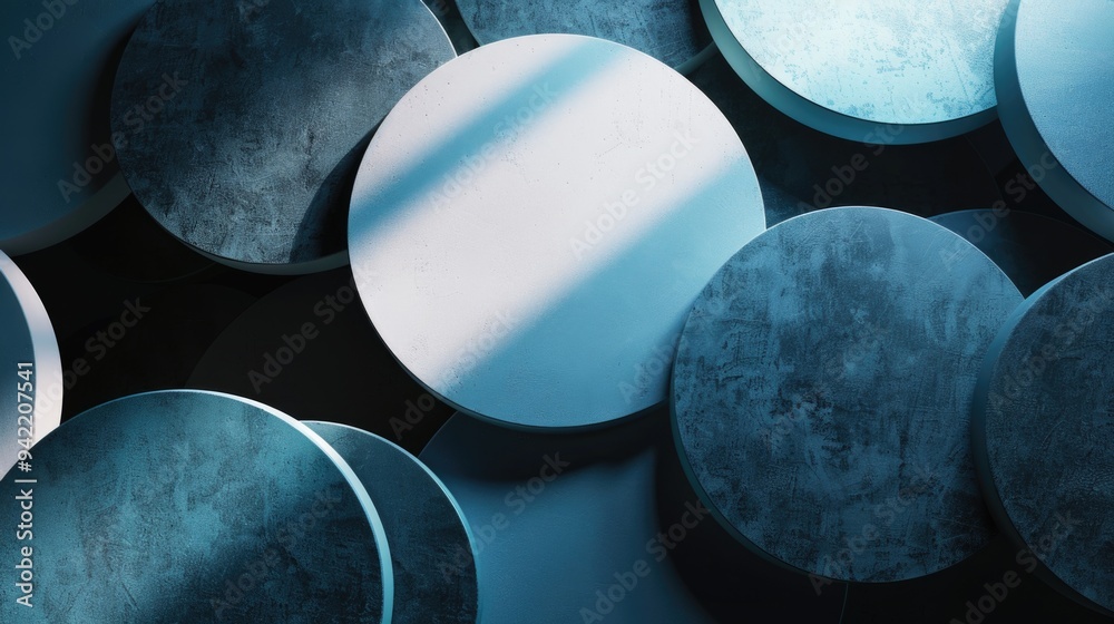 Poster A collection of round metal objects sits on a table, ready for use or display