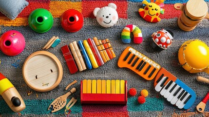 Fototapeta premium Toys are arranged on a colored blanket