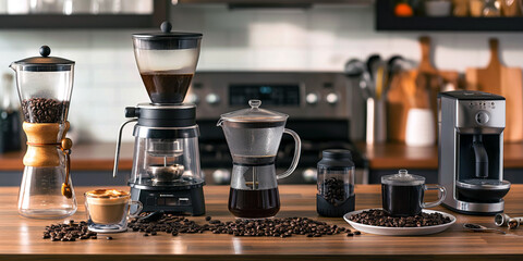 A collection of coffee brewing methods including a French press, pour-over, and espresso machine, displayed on a kitchen counter with fresh beans.