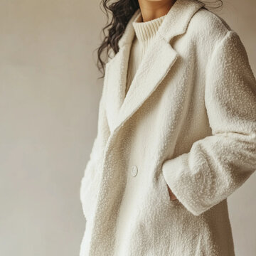 woman in textured white coat with hands in pockets