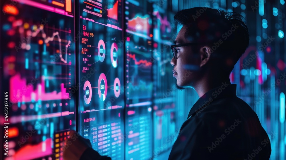 Poster A person standing in front of a wall filled with data, ideal for use in presentations or as a metaphor for information overload