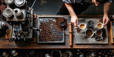 Barista using an espresso machine, expertly pulling a shot of espresso with a rich, golden crema, surrounded by coffee equipment and beans.