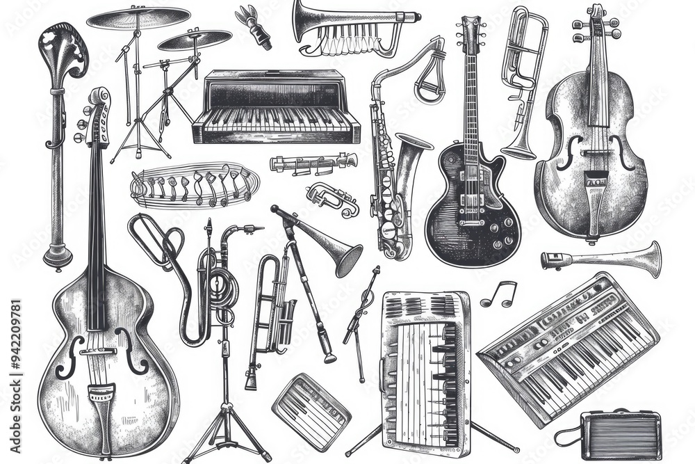 Aufkleber collection of musical instruments on a flat surface, various types and shapes
