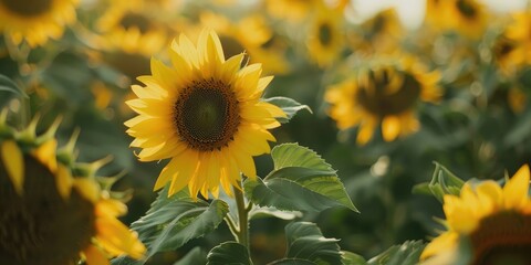 Fresh sunflowers with green leaves and vivid yellow petals in a field on farmland captured in soft focus from behind