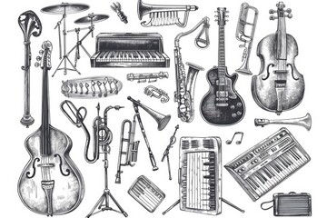 Obraz premium Collection of musical instruments on a flat surface, various types and shapes