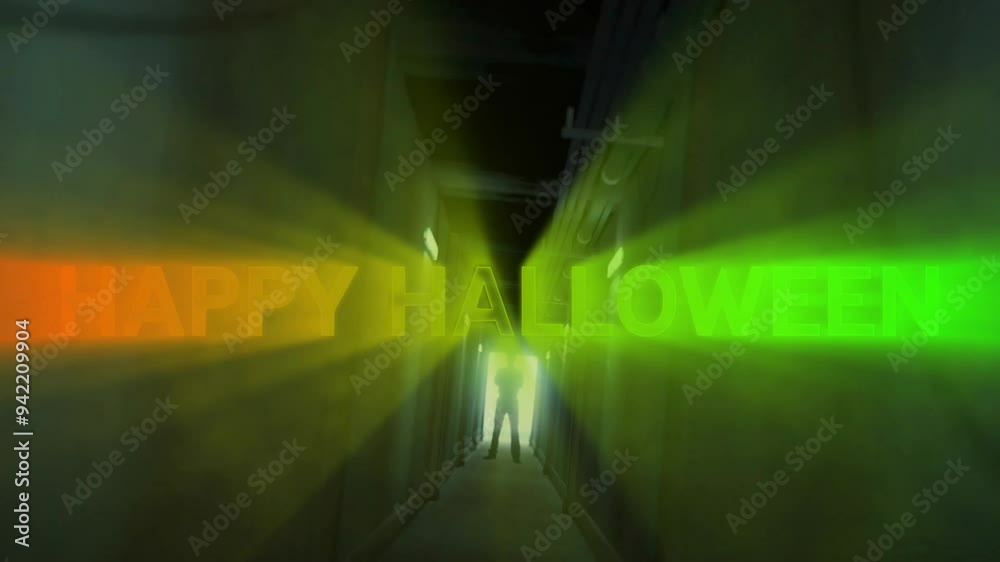 Wall mural Happy Halloween text animation over silhouette of person standing in dark hallway