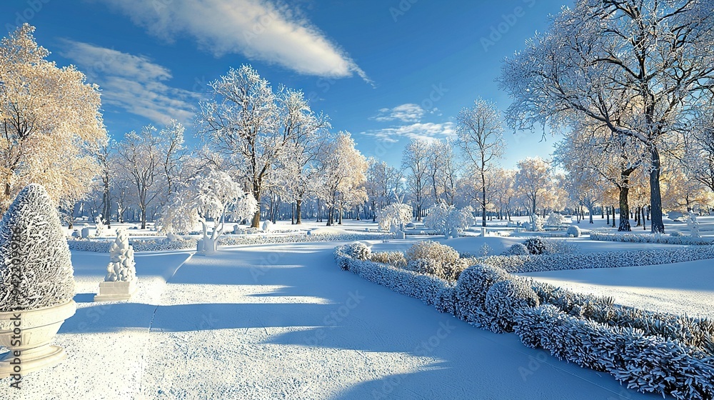 Poster a snow-covered park featuring trees and bushes in the foreground, and a blue sky adorned with wispy 