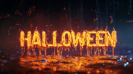 A vibrant neon orange HALLOWEEN sign hangs in a dark void, dripping with goo, creating an eerie atmosphere suited for festive Halloween decorations and celebrations.