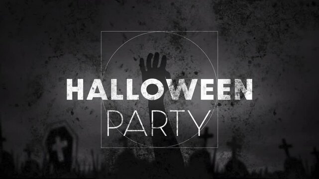 Halloween Party text animation over spooky graveyard with hand reaching out