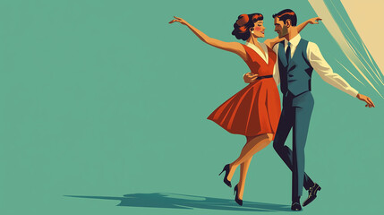 beautiful abstract illustration of a lindy hop dancing couple isolated on a blue background, two people dancing a swing dance