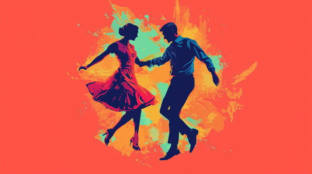 beautiful abstract illustration of a lindy hop dancing couple isolated on a red background, two people dancing a swing dance