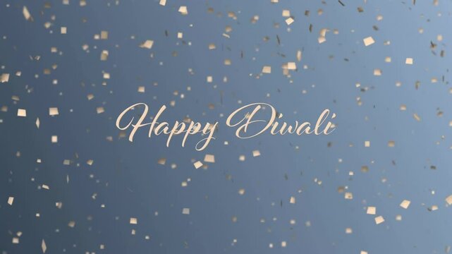 Happy Diwali text animation over falling confetti on blue background