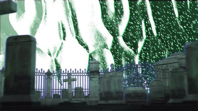 Animation of graveyard over flickering distressed background