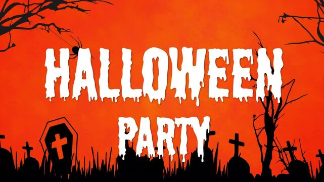 Halloween Party text animation over spooky graveyard scene with orange background