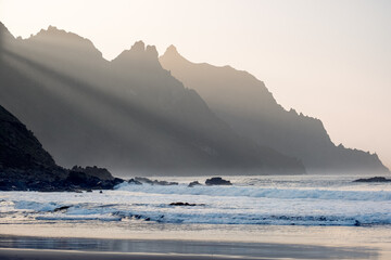 Ocean coastline with rocky cliffs and water foreground, Anaga, Tenerife