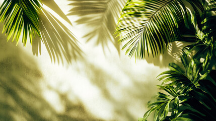 A frame of green tropical palm leaves on lettuce color background with space for text in a center. Overlay contrasting shadows of foliage on a wall.