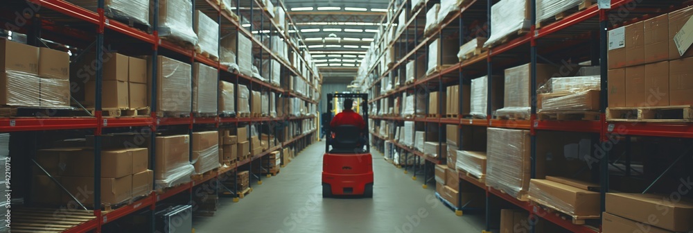 Poster a modern warehouse showcases efficiency and organization with a forklift in the aisle, surrounded by