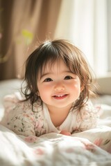 Naklejka premium Beautiful baby crawling on a bed