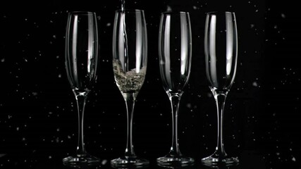 Pouring champagne into glass, festive celebration animation over black background - Powered by Adobe
