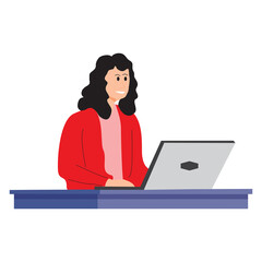 Un mujer frente a un ordenador en un fondo blanco aislado. Vista de frente y de cerca. Copy space
