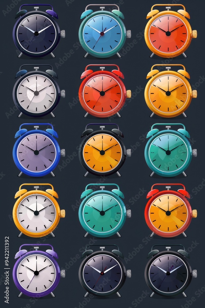Aufkleber a collection of colorful clocks set against a dark background