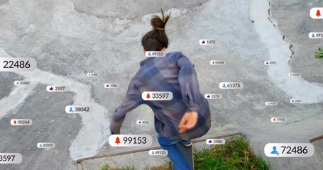 Skateboarding, person with social media notifications animation over concrete background - Powered by Adobe