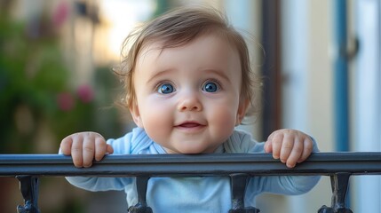 Fototapeta premium Adorable Baby Peeking Over Balcony Railing, Capturing Innocence and Curiosity in a Charming and Heartwarming Moment of Childhood Exploration