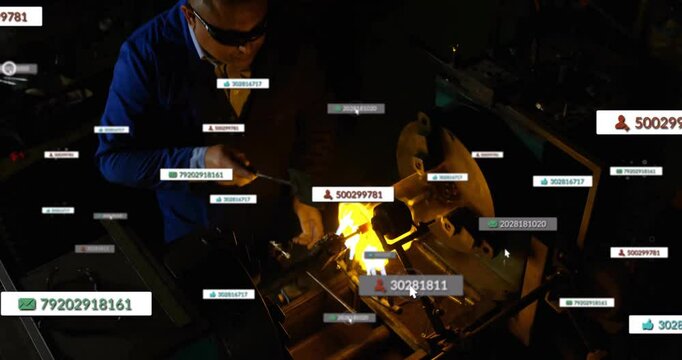 Welding metal in workshop, data and identification numbers animation over worker