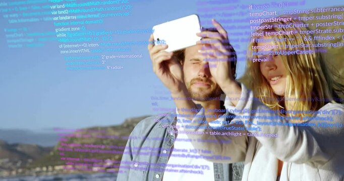 Holding smartphone and taking selfie, couple over programming code animation