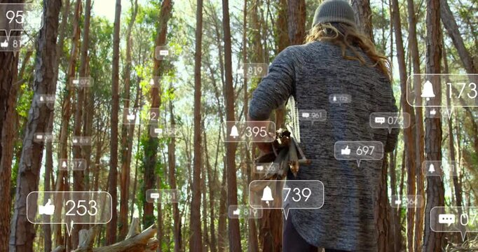 Walking through forest, person seeing social media notifications animation