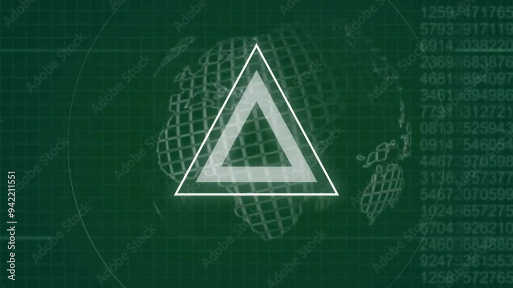 Poster rotating triangle animation over digital globe and grid background
