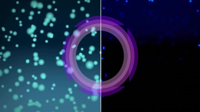 Purple circular animation over split background with green and blue bokeh lights