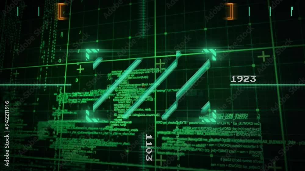 Poster digital code and data processing animation over green grid background